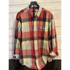 GAP Men's Plaid Shirt XXL Slim Fit Long Sleeve Red Yellow Gray Cotton